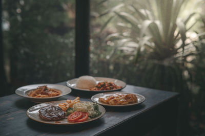 Close-up of food served on table