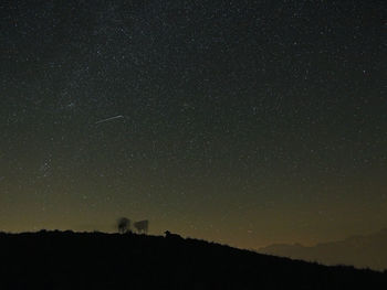 Silhouette landscape against star field at night