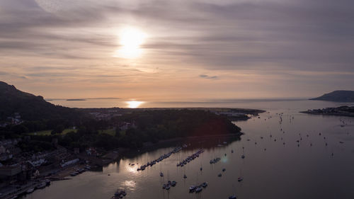 High angle view of people on beach against sky during sunset