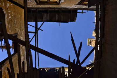 Low angle view of old buildings against clear blue sky