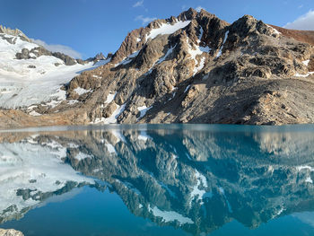 Scenic view of snowcapped mountains and lake against sky at fitz roy lookout point el chalten