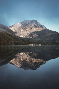 Scenic view of lake and mountains against sky