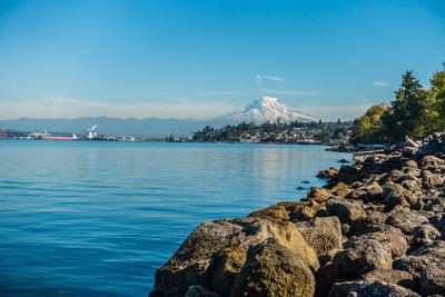 Scenic view of sea against blue sky