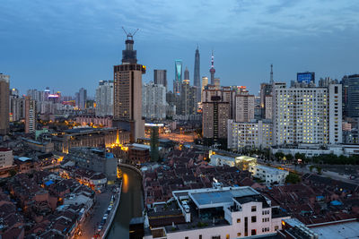 High angle view of buildings in city