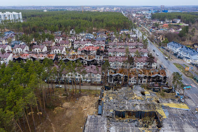 The aerial view of the destroyed supermarket roof. 