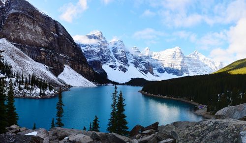 Scenic view of lake and snowcapped mountains against sky