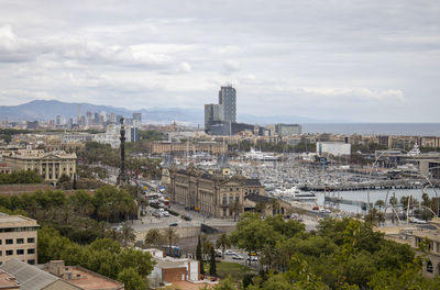 High angle view of buildings against sky