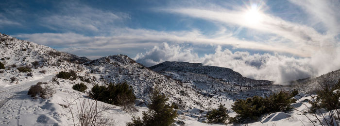 Scenic view of snowcapped mountains against sky