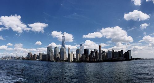 City skyline against blue sky