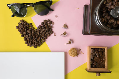 High angle view of coffee beans on table