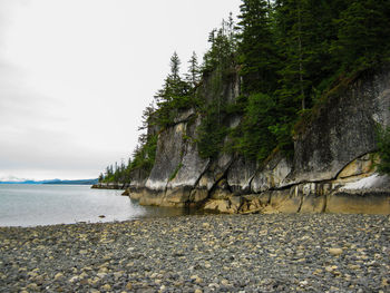 Rocky beach with cliffs, evergreen trees, water, mountains in the background, and overcast gray sky