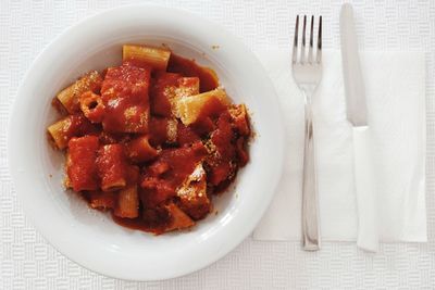 High angle view of food in plate on table