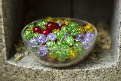 High angle view of fruits in glass bowl