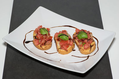 High angle view of food served in plate on table