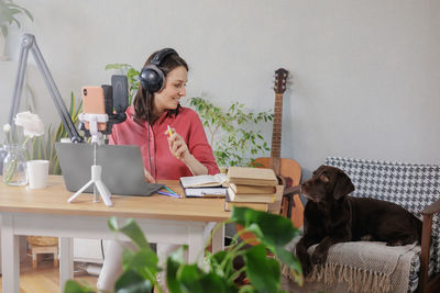 Side view of man working at home