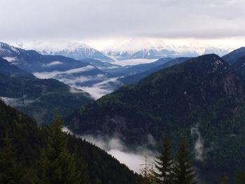 Scenic view of mountains against cloudy sky