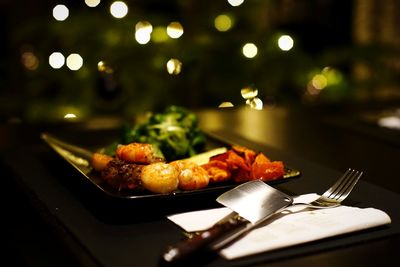 Close-up of meat served in plate on table