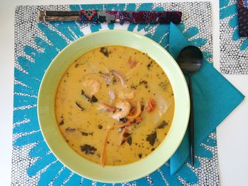 High angle view of soup in bowl