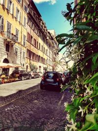 Cars on road by buildings in city against sky