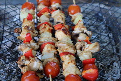 High angle view of vegetables on barbecue grill