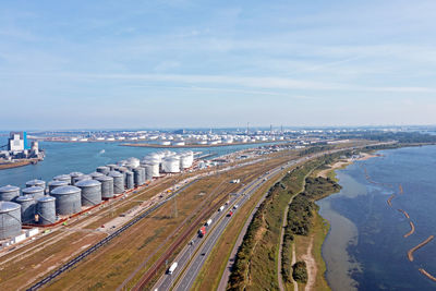 Aerial from industry in the harbor from rotterdam in the netherlands