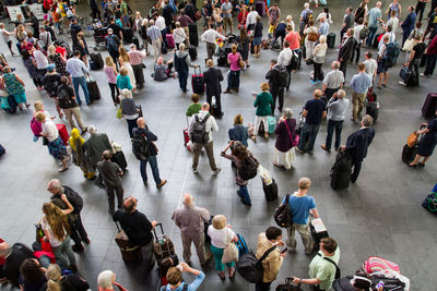 High angle view of people walking in row