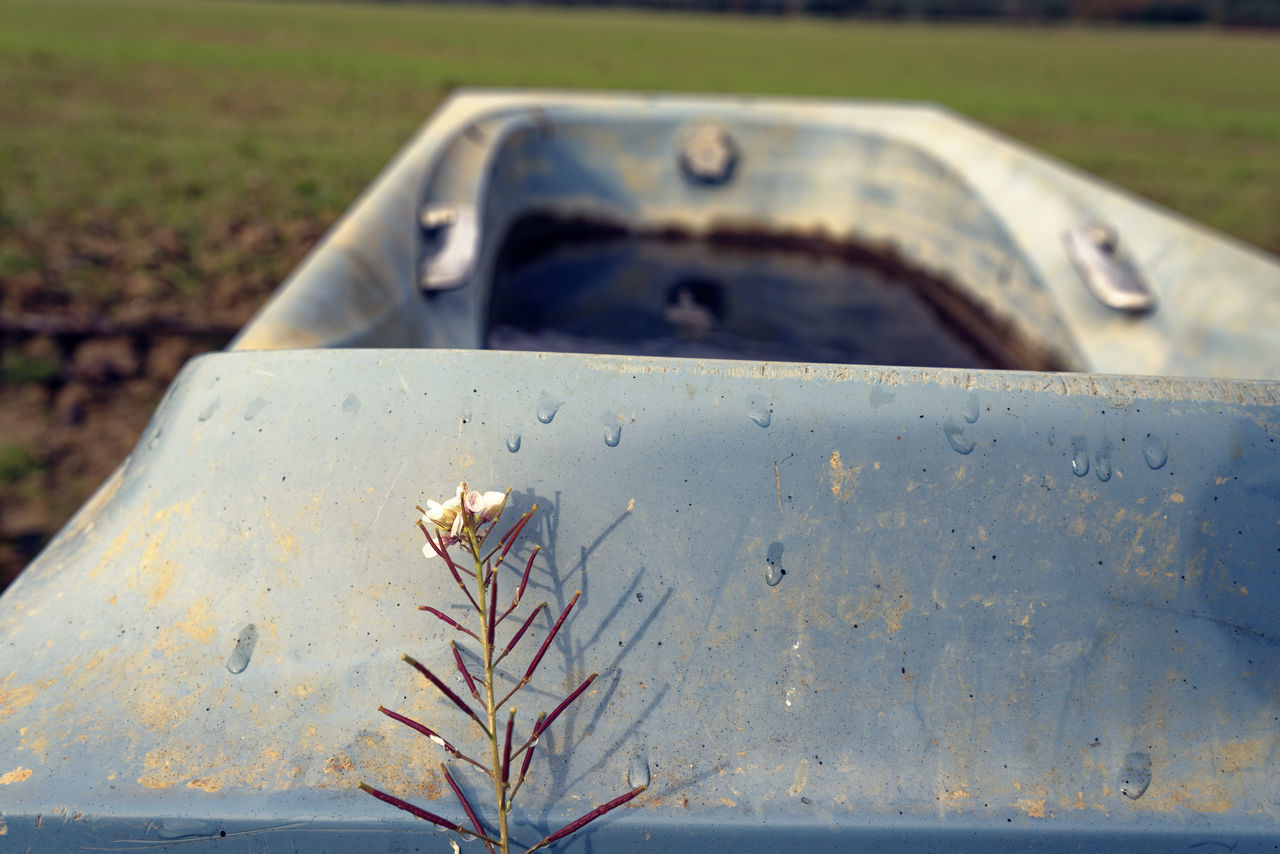 CLOSE-UP OF RUSTY METAL ON FIELD