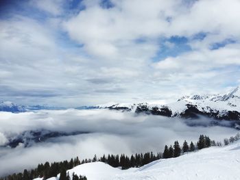 Scenic view of snow covered mountains against sky