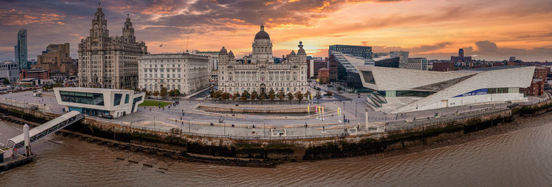 Beautiful panorama of liverpool waterfront in the sunset.