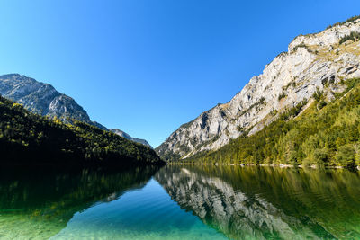 Scenic view of lake and mountains against clear blue sky