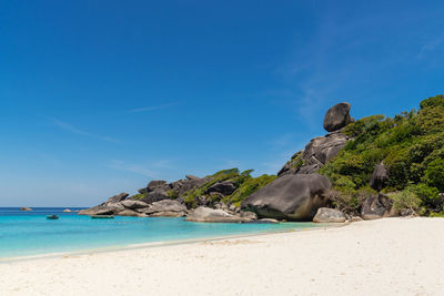 Scenic view of beach against blue sky