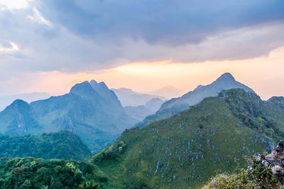 Scenic view of mountains against sky during sunset