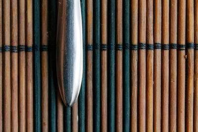 Close-up of spoon on straw mat