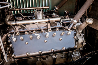 High angle view of engine in vintage car