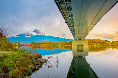 Bridge over lake by mountain against sky