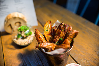 High angle view of food in container on table