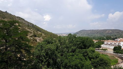 Panoramic view of trees and buildings against sky