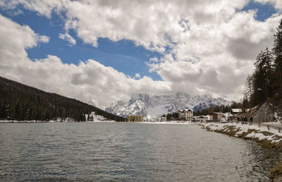 Scenic view of lake by snowcapped mountains against sky