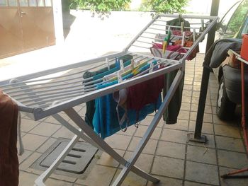 High angle view of chairs on table