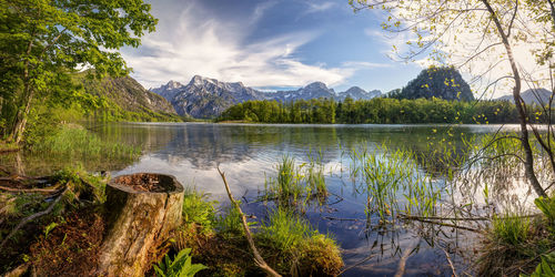 Scenic view of lake and mountains against sky