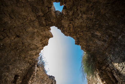 Low angle view of rock formation against sky