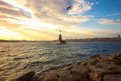 Maiden's tower and seagulls at sunset