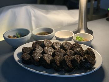 High angle view of food in plate on table