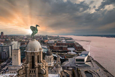 Aerial view of the liver birds statue taken in the sunrise