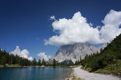 Panoramic view of lake and mountains against sky