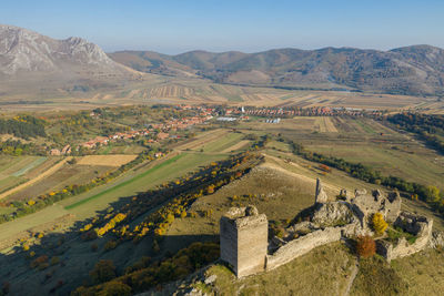 Aerial view of the medieval fortress of coltesti, torockoszentgyorgy. transylvania, romania