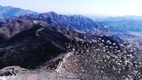 High angle view of mountains against clear sky