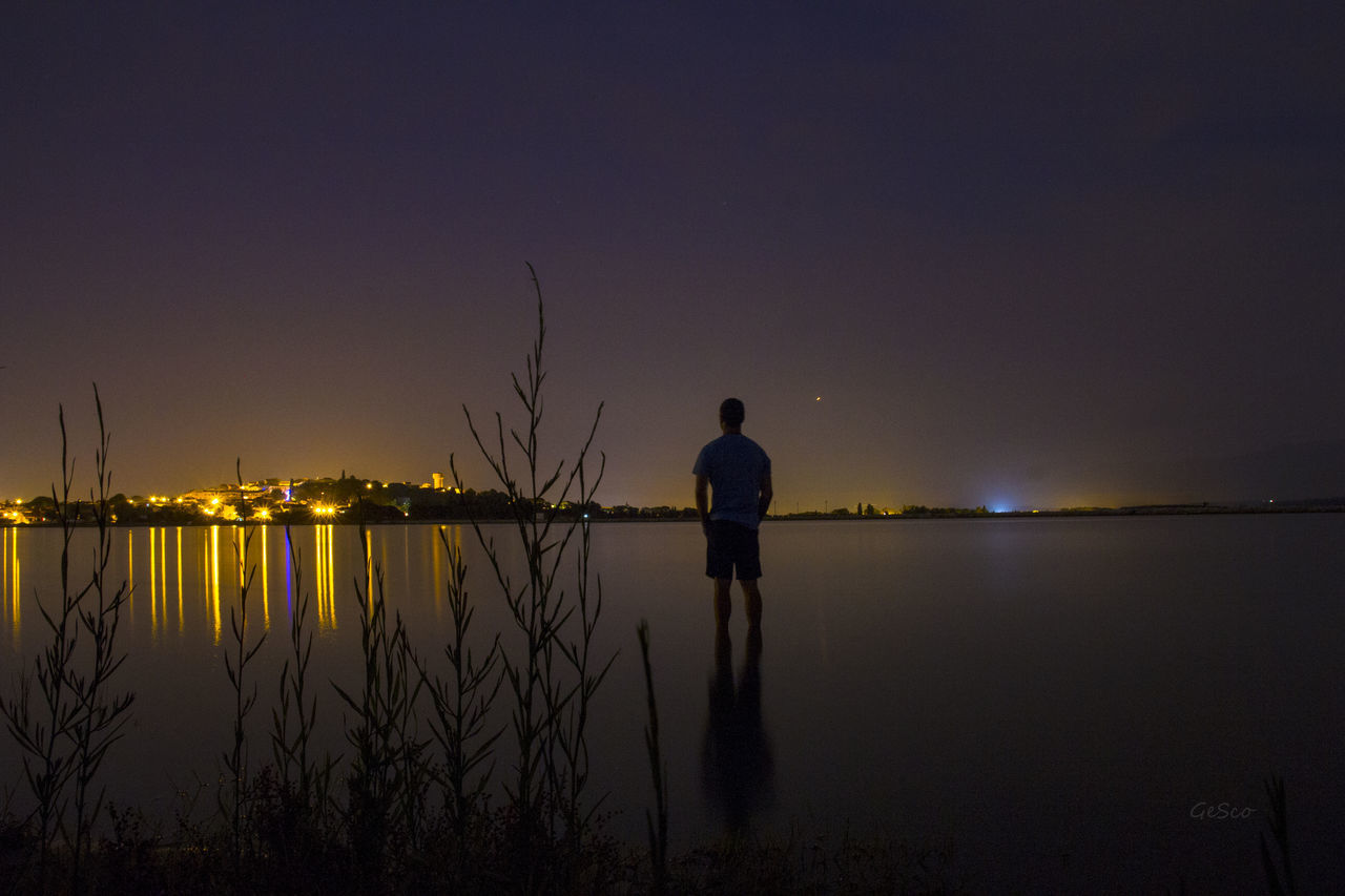 REAR VIEW OF SILHOUETTE MAN LOOKING AT LAKE AGAINST SKY