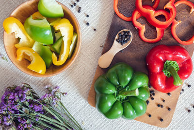 Directly above shot of fruits and vegetables on table