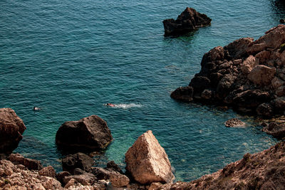 High angle view of rocks in sea